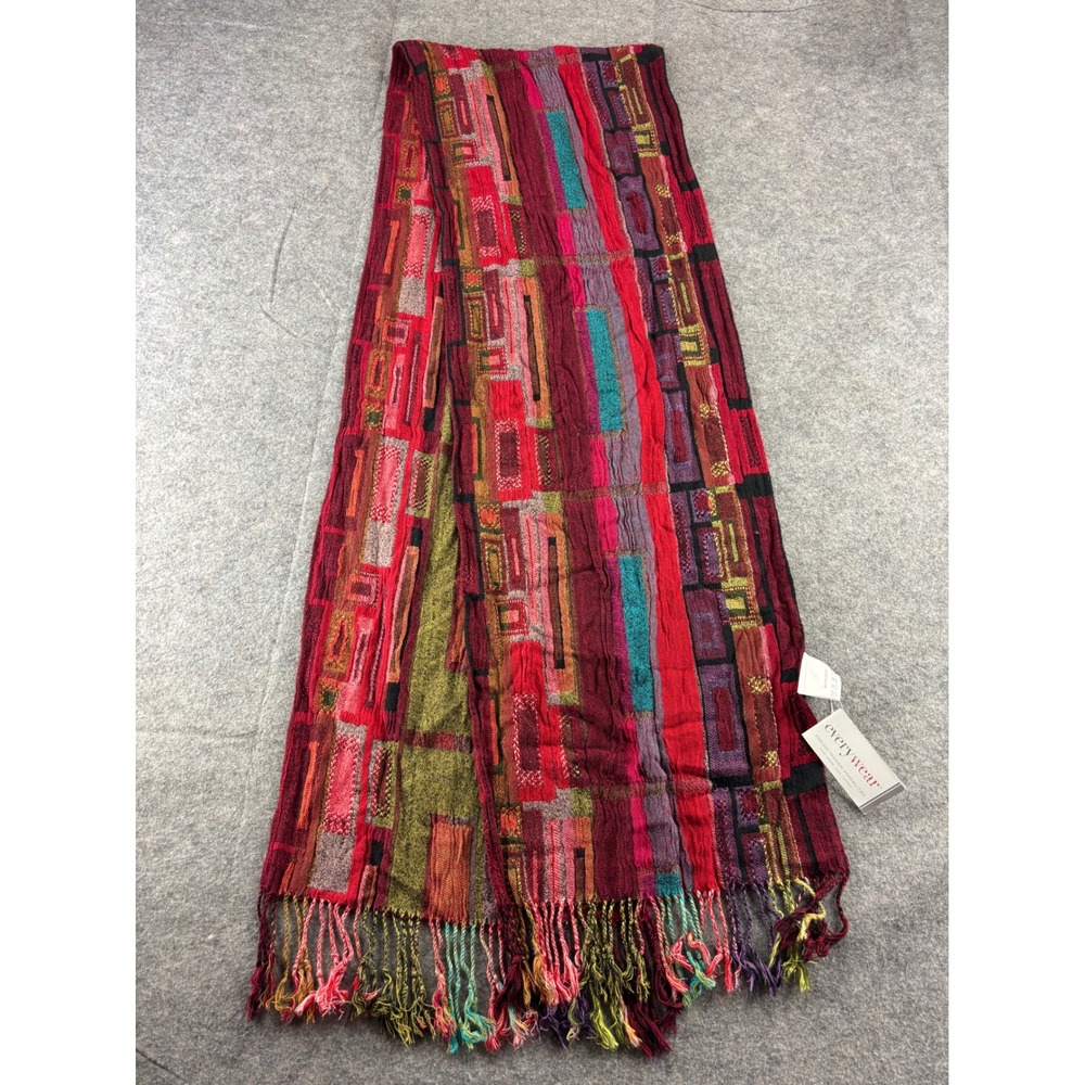 Everywear Giftcraft Scarf Red Purple Geometric Patchwork Fringe Wrap NWT Y2K 00s